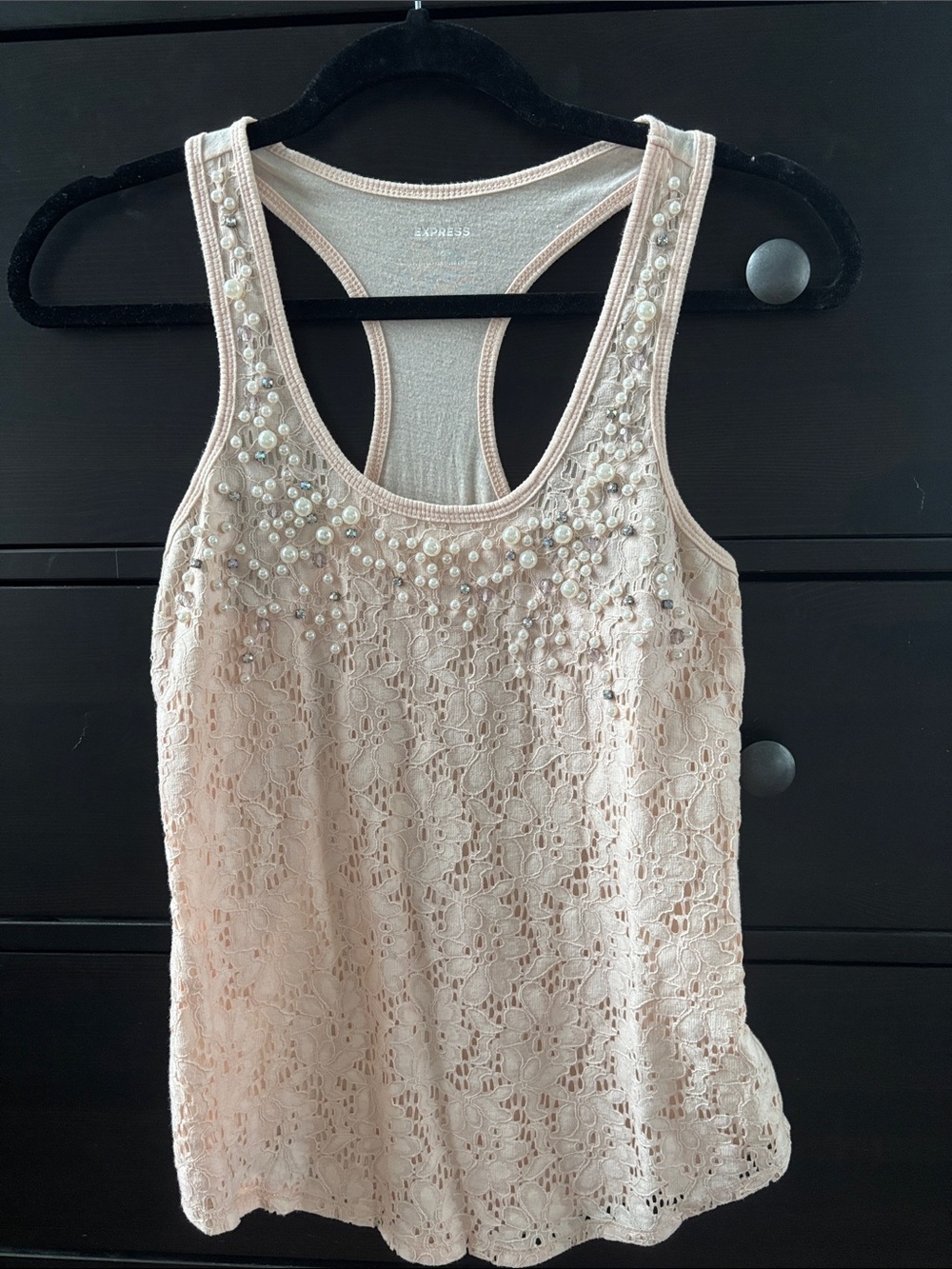 Express Blush Pink Lace Tank with Beaded Neckline